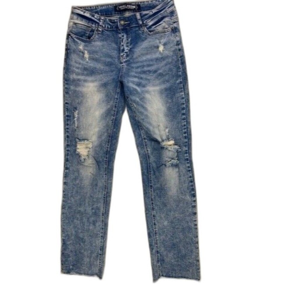 Vanilla Star Size 9 Womens Jeans Straight Distressed Raw Hem Light Wash Mid Rise